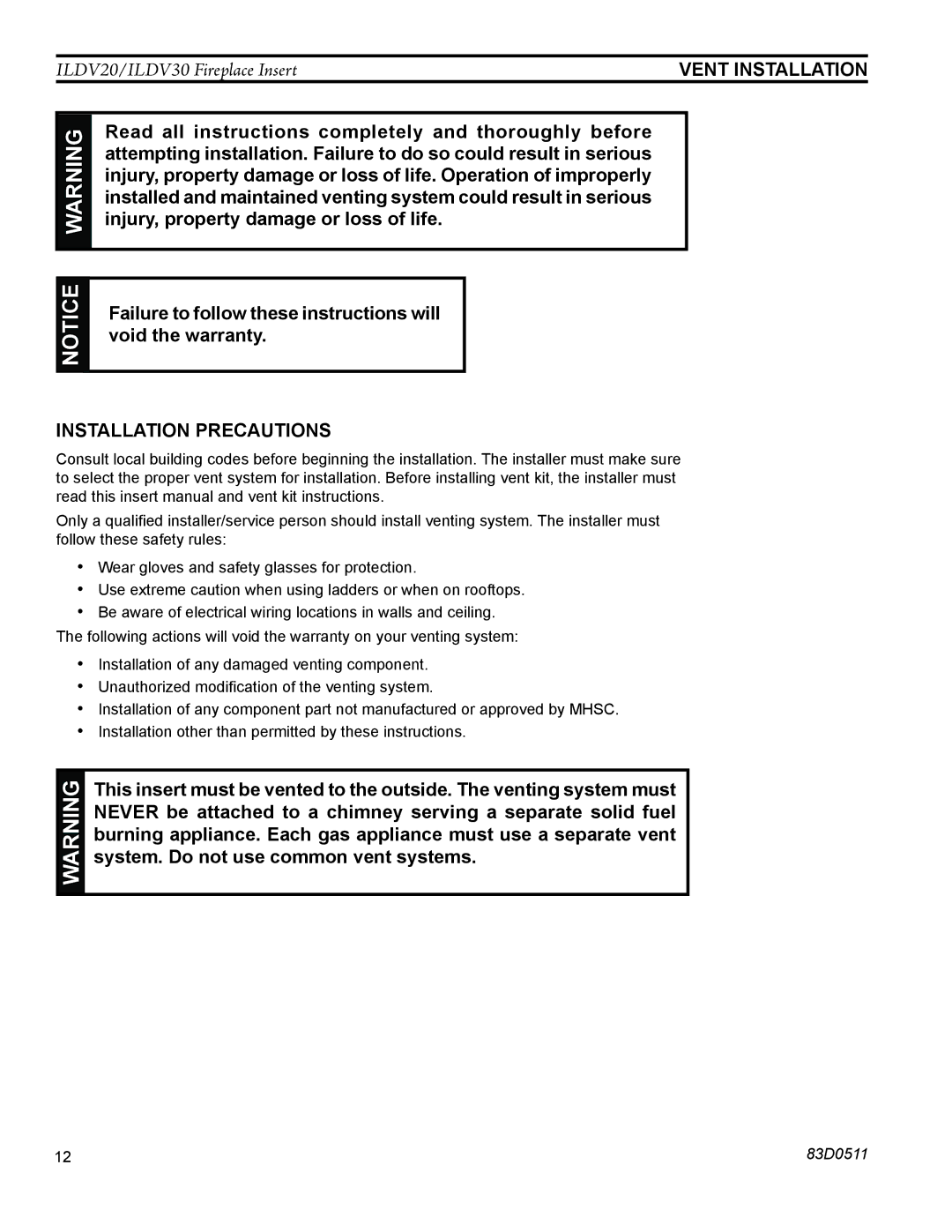 Monessen Hearth ILDV20NV, ILDV30NV, ILDV20PV manual Vent installation, Installation Precautions 