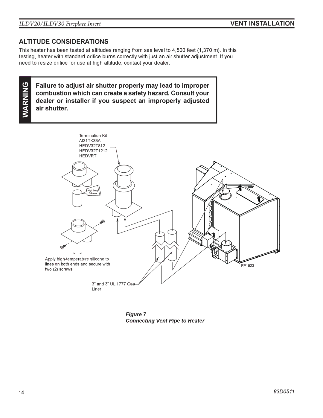 Monessen Hearth ILDV20PV Altitude Considerations, Failure to adjust air shutter properly may lead to improper, Air shutter 