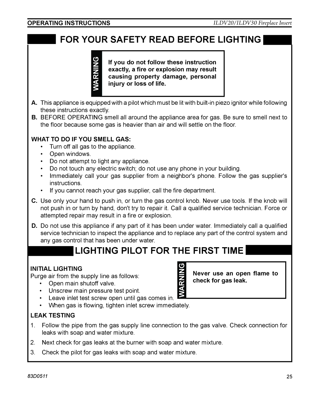 Monessen Hearth ILDV30NV, ILDV20NV, ILDV20PV manual Operating Instructions, What to do if YOU Smell GAS, Initial lighting 