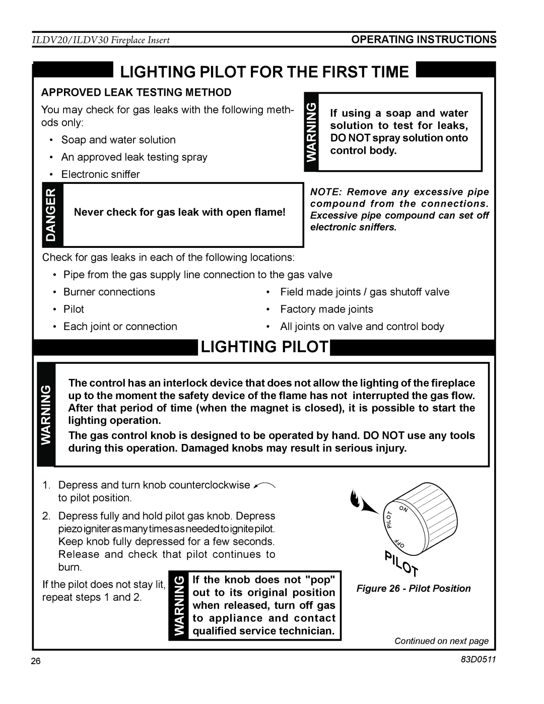 Monessen Hearth ILDV20PV, ILDV20NV, ILDV30NV manual Lighting pilot, Approved leak testing method 