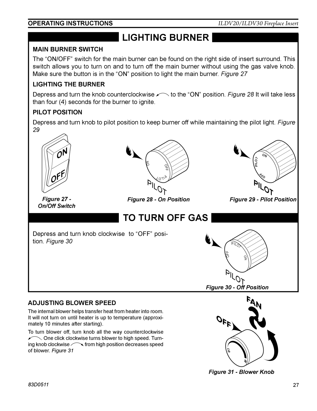 Monessen Hearth ILDV20NV, ILDV30NV, ILDV20PV manual Main burner switch, Lighting the burner, Pilot position 