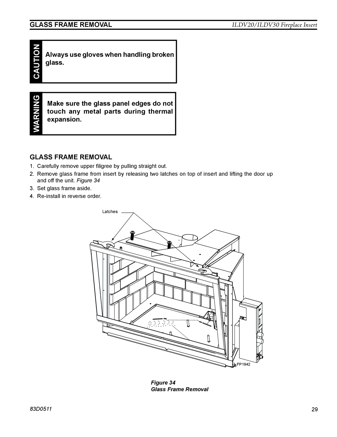 Monessen Hearth ILDV20PV, ILDV20NV, ILDV30NV manual Glass Frame Removal 