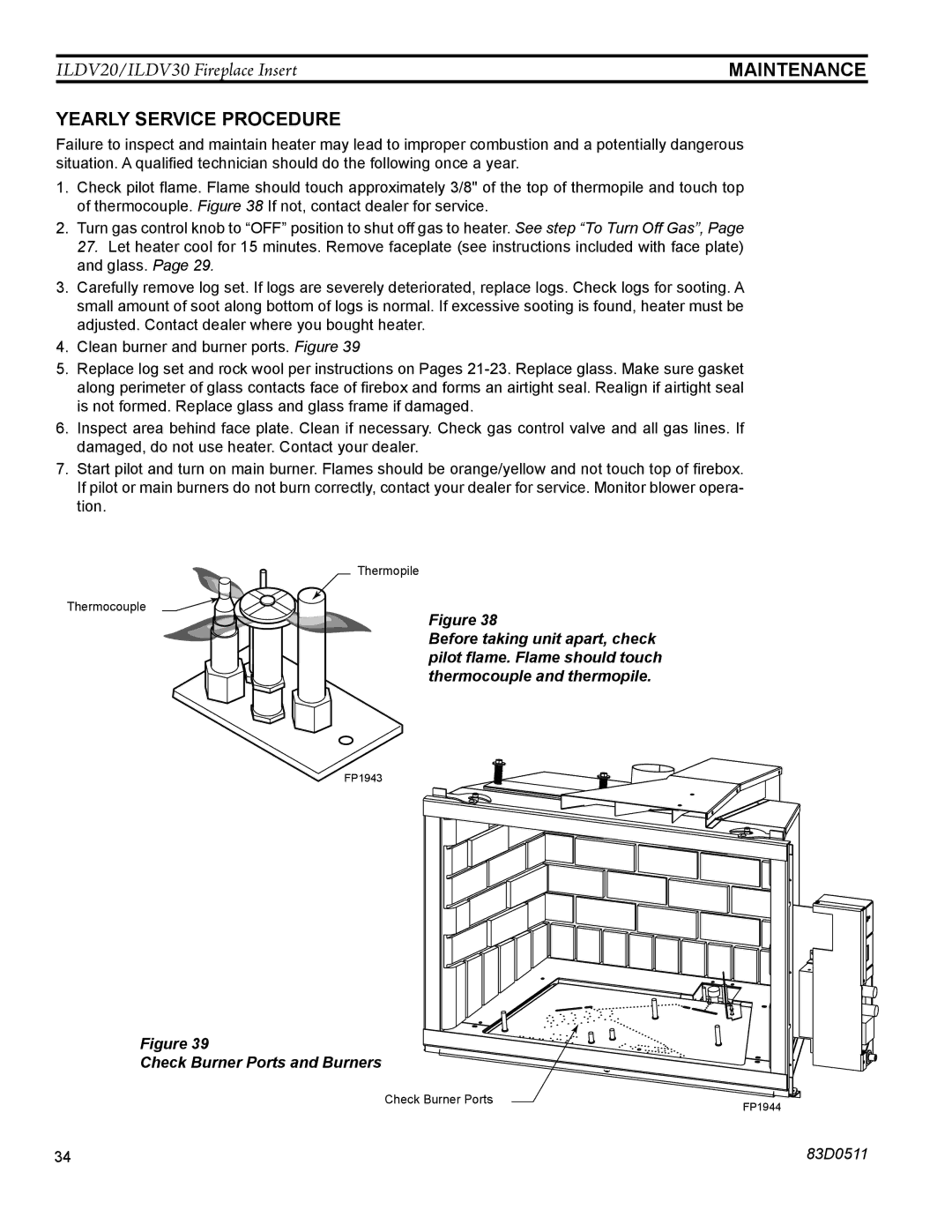 Monessen Hearth ILDV30NV, ILDV20NV, ILDV20PV manual Maintenance, Yearly service procedure 