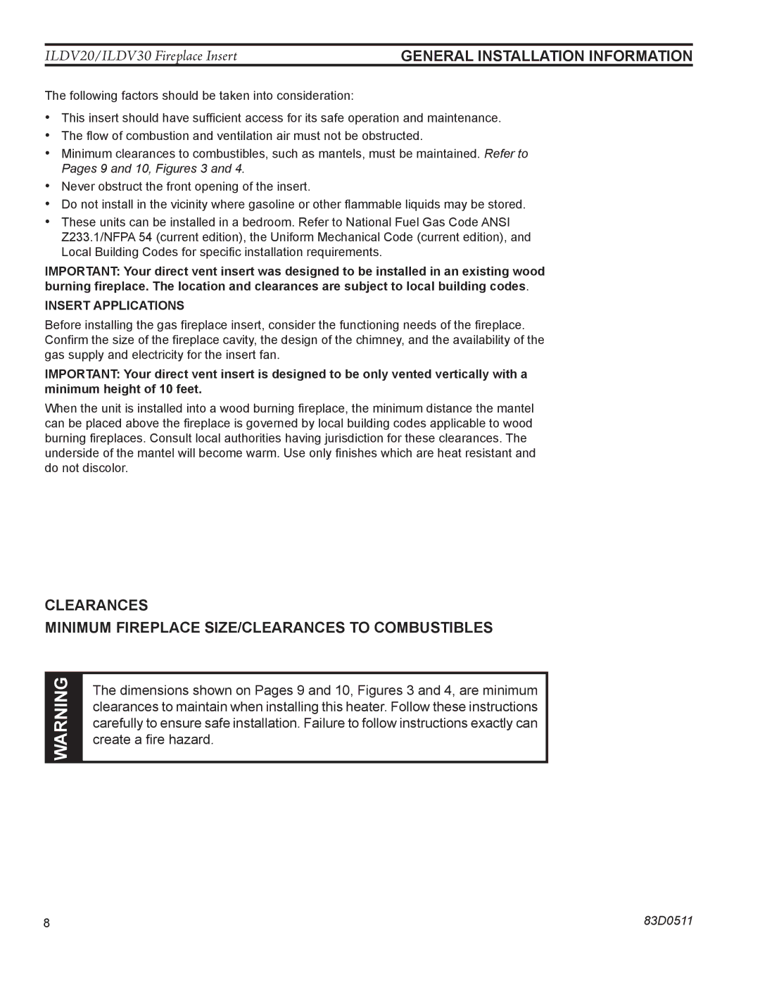 Monessen Hearth ILDV20PV, ILDV20NV, ILDV30NV manual General installation Information, Insert Applications 