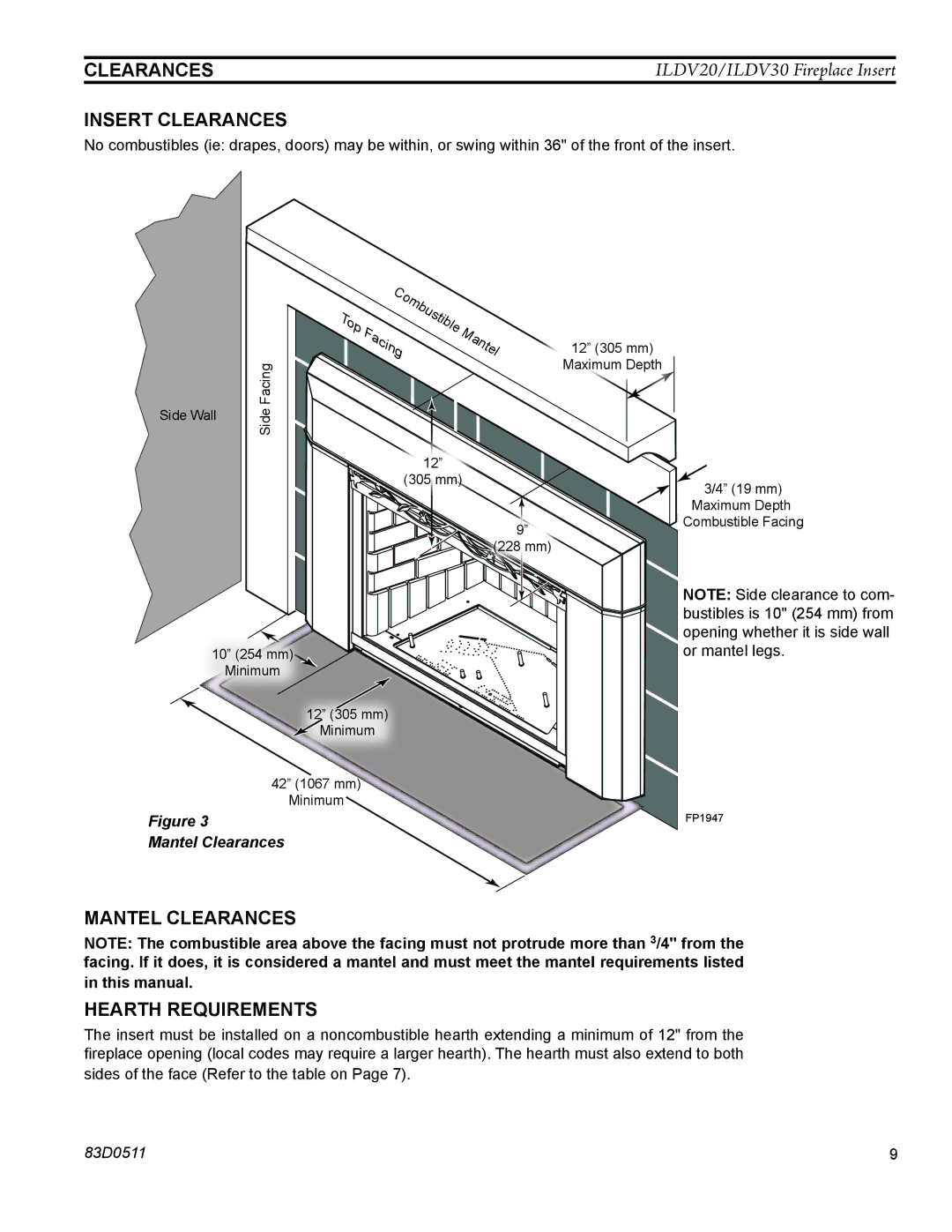 Monessen Hearth ILDV20NV, ILDV30NV, ILDV20PV manual Insert Clearances, Mantel clearances, Hearth Requirements 