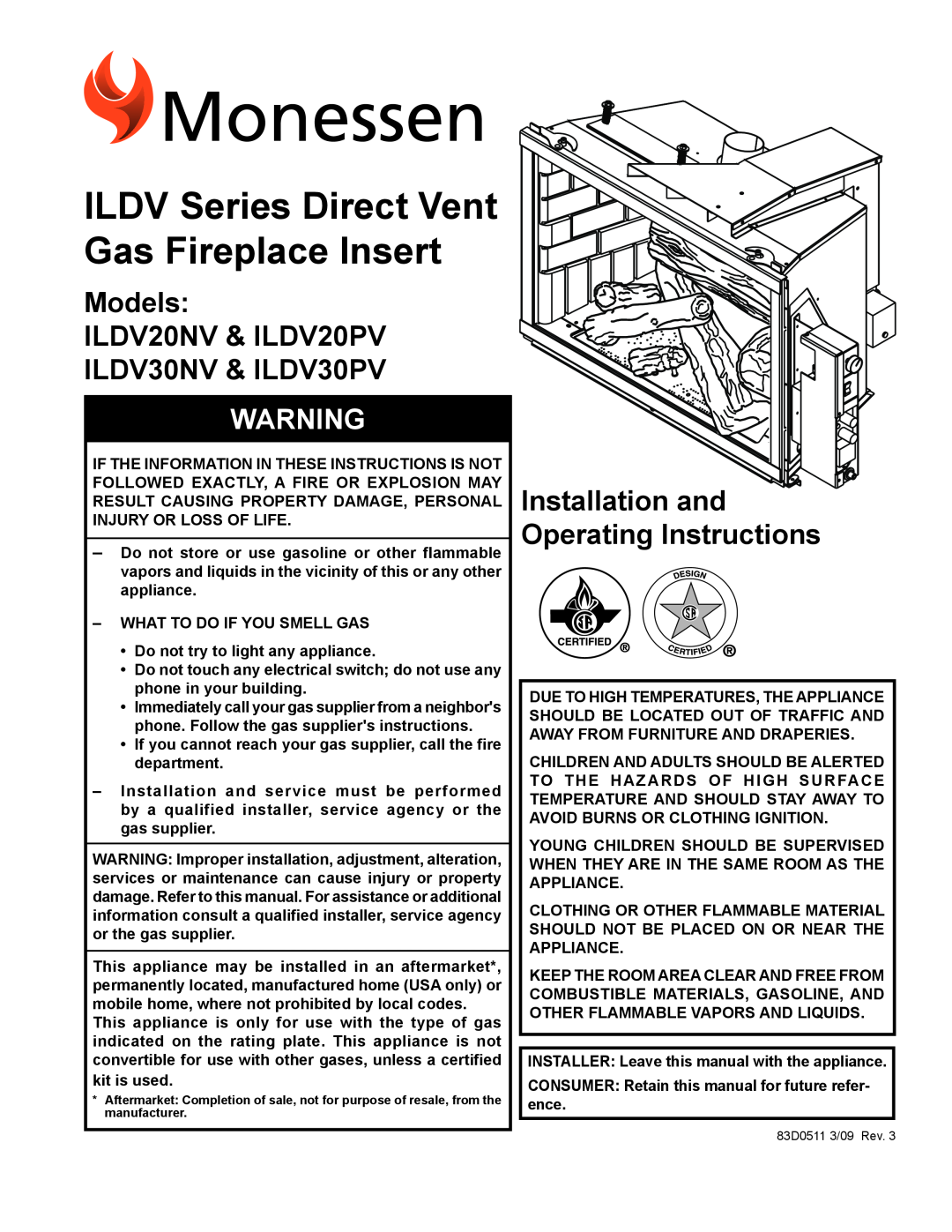 Monessen Hearth manual Models iLDV20NV & iLDV20PV ILDV30NV & ILDV30PV, Installation and Operating Instructions 