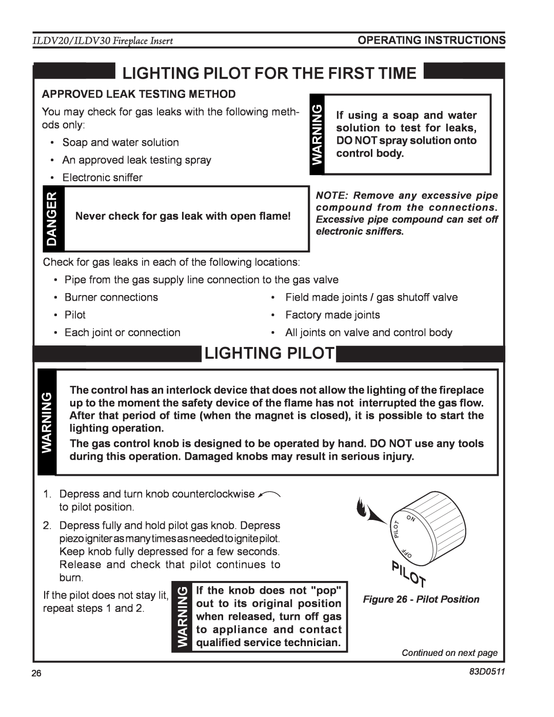 Monessen Hearth ILDV20PV manual Lighting pilot, danger, Pilot, approved leak testing method, If the pilot does not stay lit 
