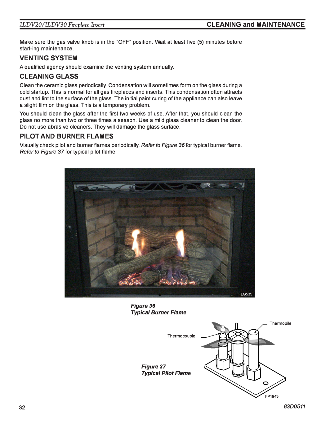 Monessen Hearth ILDV20PV manual CLEANING and MAINTENANCE, Venting system, Cleaning glass, pilot and burner flames, 83D0511 