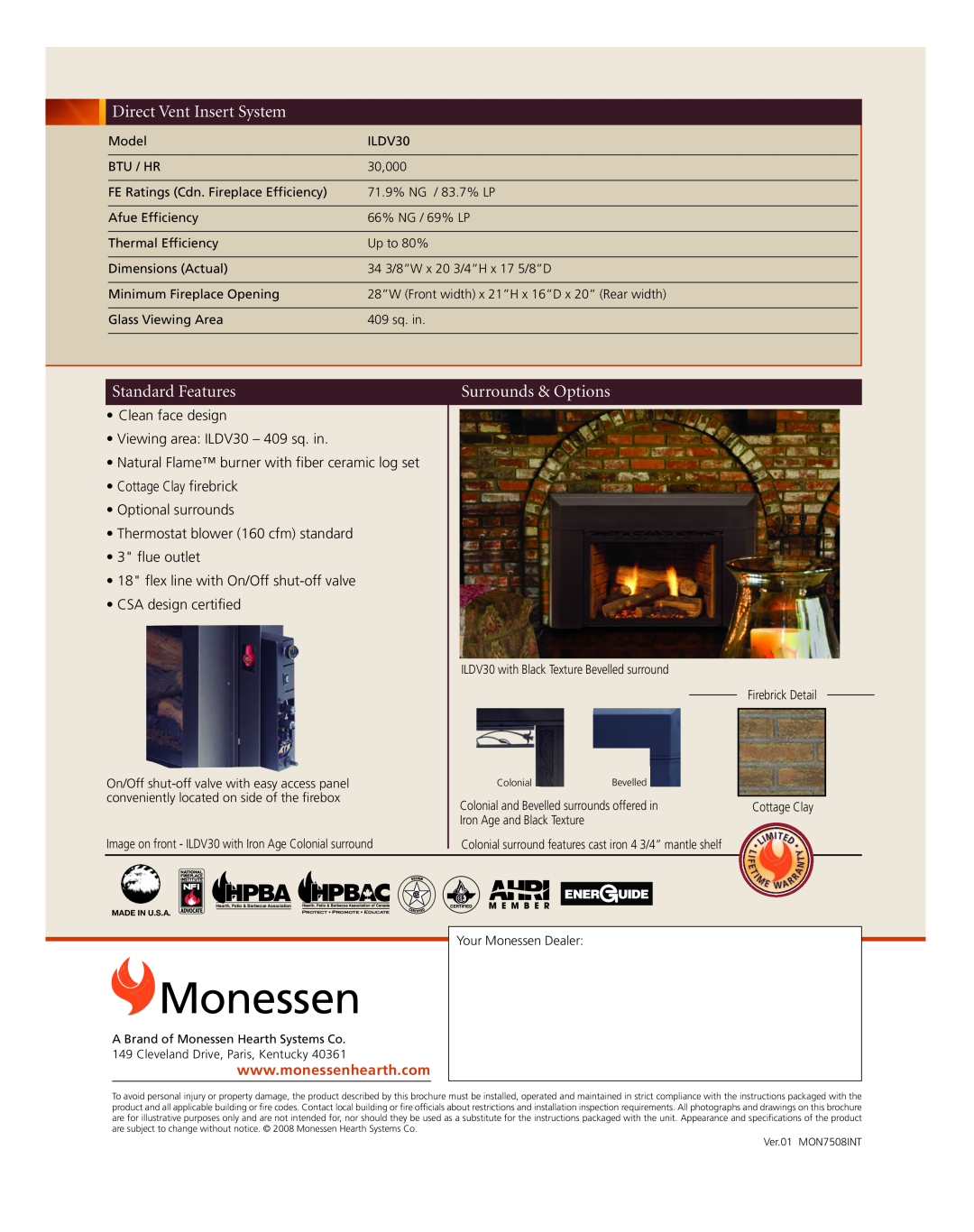 Monessen Hearth manual Monessen, Hpba, Clean face design Viewing area ILDV30 - 409 sq. in 