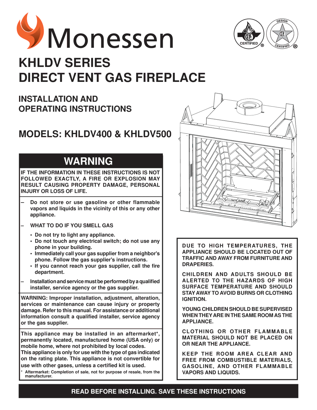 Monessen Hearth KHLDV SERIES manual Khldv Series Direct Vent GAS Fireplace 