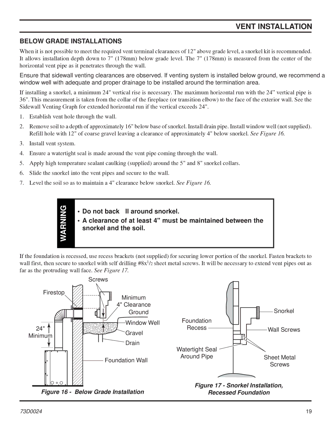 Monessen Hearth KHLDV SERIES manual Below Grade Installations 