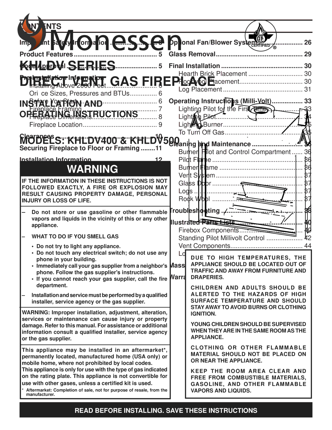 Monessen Hearth KHLDV SERIES manual Contents 