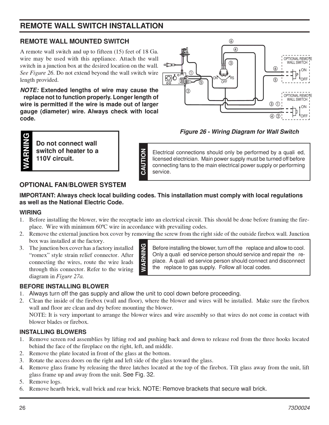 Monessen Hearth KHLDV SERIES manual Remote Wall Switch Installation, Remote Wall Mounted Switch, Optional FAN/BLOWER System 