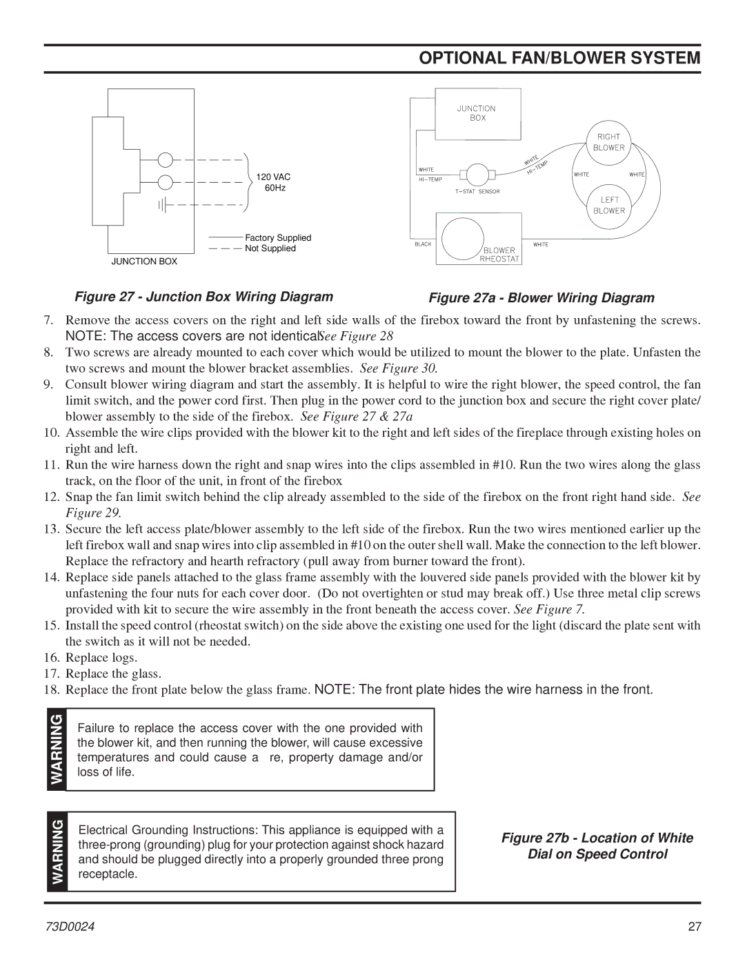 Monessen Hearth KHLDV SERIES manual Optional FAN/BLOWER System, Junction Box Wiring Diagram 