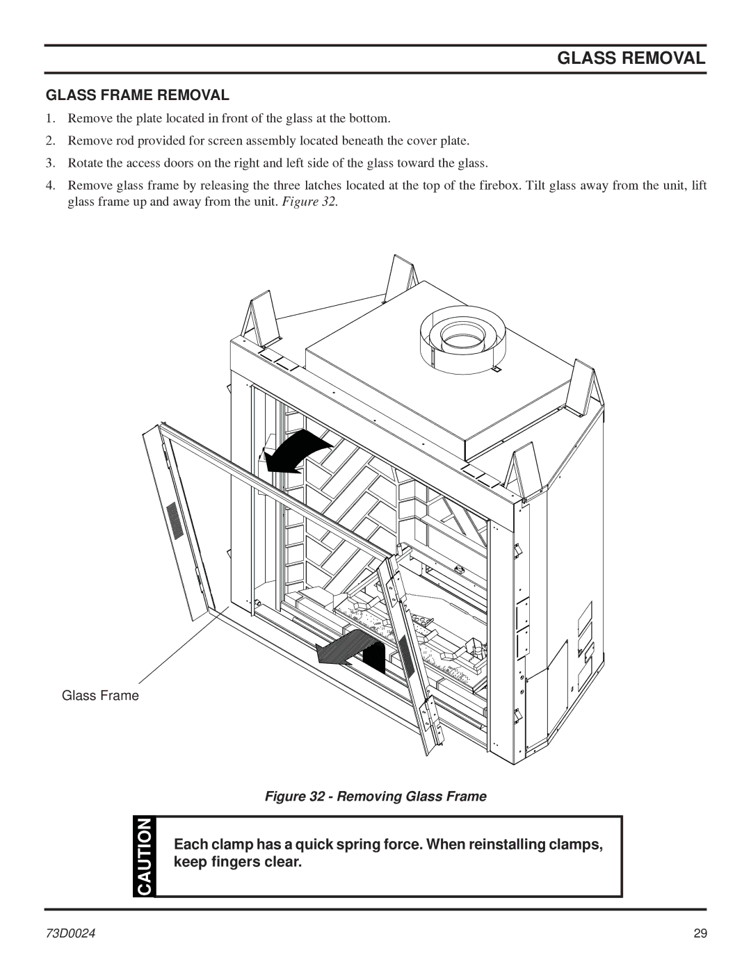 Monessen Hearth KHLDV SERIES manual Glass Removal, Glass Frame Removal 