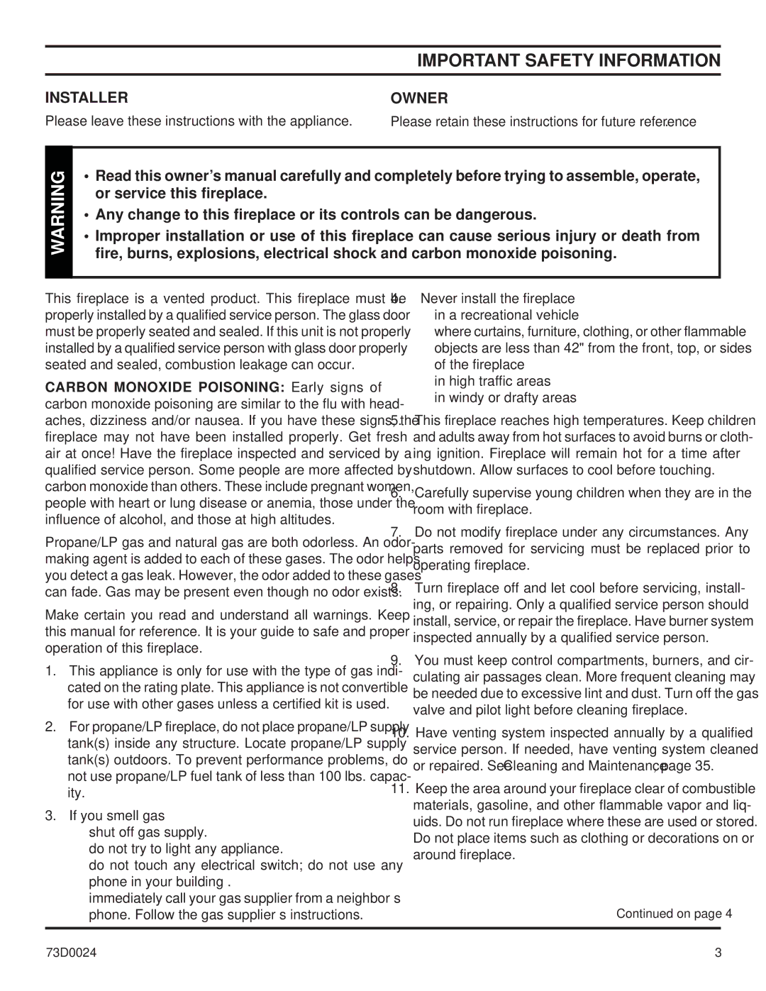 Monessen Hearth KHLDV SERIES manual Important Safety Information, Installer, Owner 