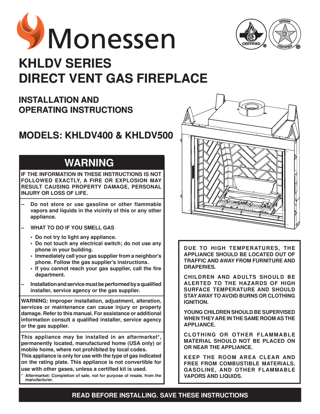 Monessen Hearth KHLDV SERIES manual MODELS KHLDV400 & KHLDV500, Khldv Series Direct Vent Gas Fireplace 