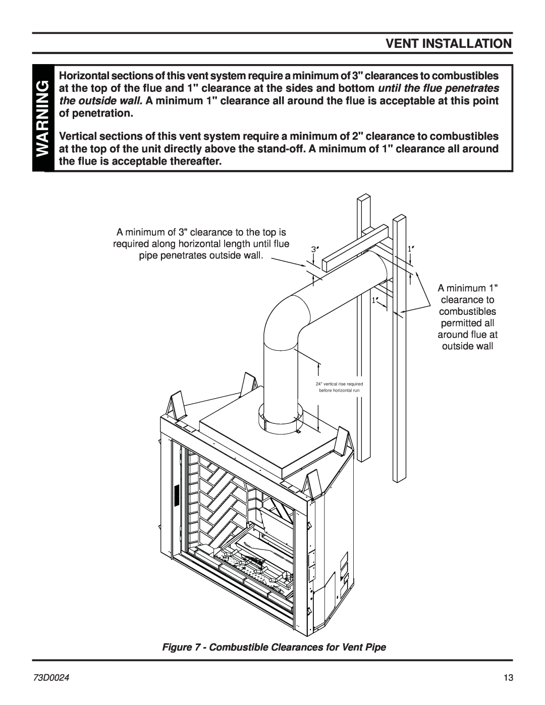 Monessen Hearth KHLDV SERIES manual Vent Installation, Combustible Clearances for Vent Pipe 