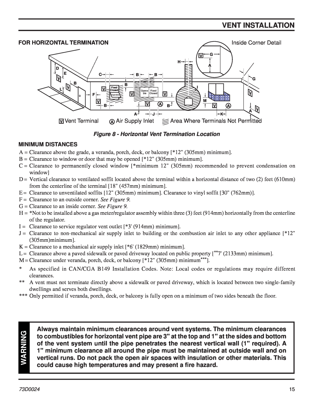 Monessen Hearth KHLDV SERIES manual Vent Installation, For Horizontal Termination, Horizontal Vent Termination Location 