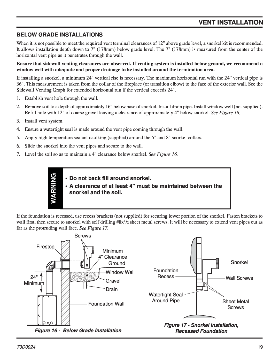 Monessen Hearth KHLDV SERIES manual Below Grade Installations, Do not back ﬁll around snorkel, Vent Installation 