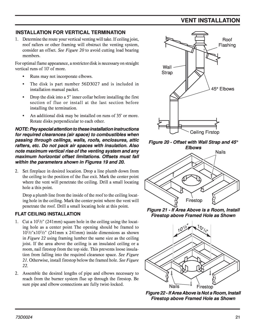Monessen Hearth KHLDV SERIES manual Installation For Vertical Termination, Vent Installation, Flat Ceiling Installation 