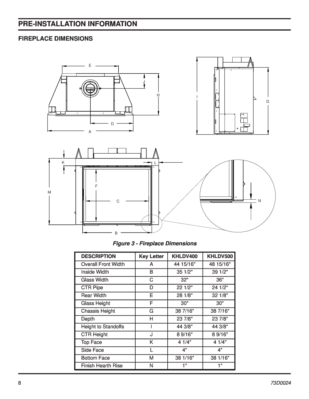 Monessen Hearth KHLDV SERIES manual Fireplace Dimensions, Pre-Installationinformation, 73D0024 