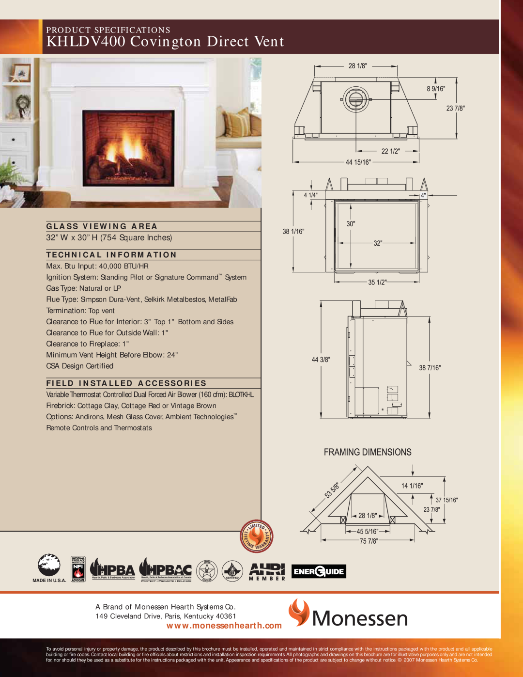 Monessen Hearth operating instructions Models: KHLDV400 & KHLDV500, KHLDV Series Direct Vent Gas Fireplace, kit is used 