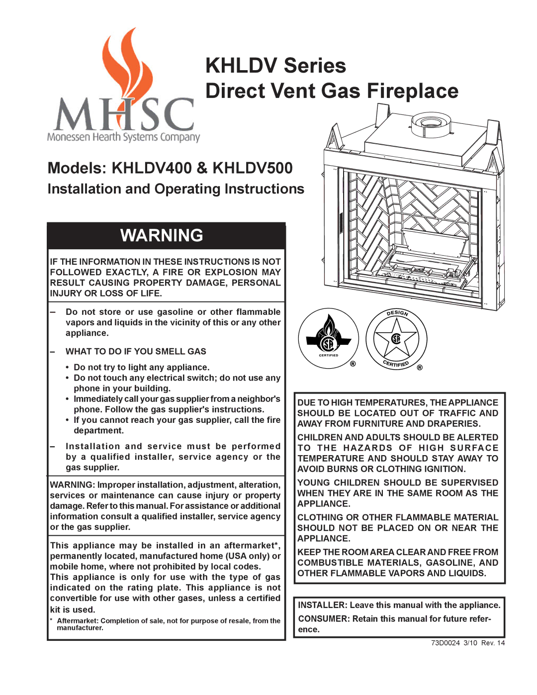 Monessen Hearth KHLDV400, KHLDV500 operating instructions Khldv Series Direct Vent Gas Fireplace 