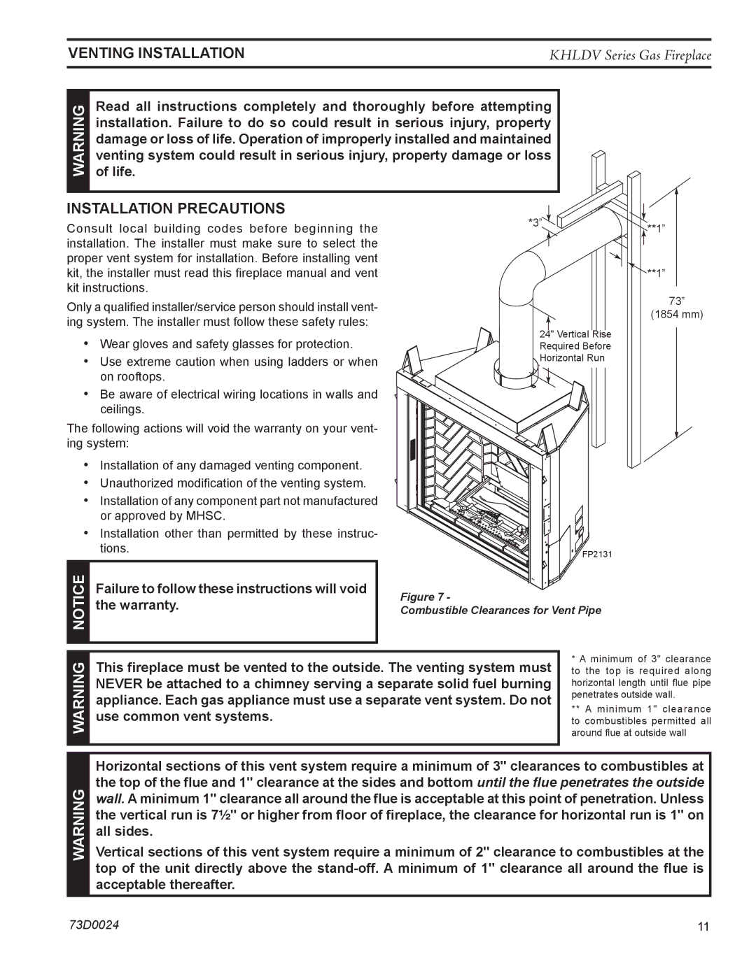 Monessen Hearth KHLDV400, KHLDV500 operating instructions Venting Installation, Installation precautions, Life 