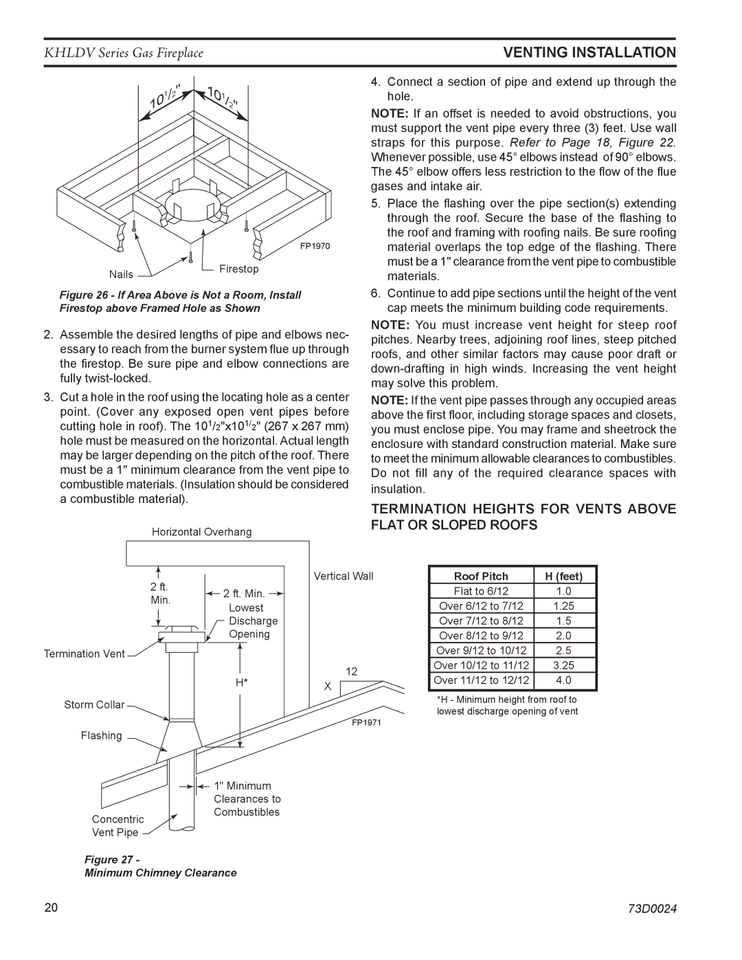 Monessen Hearth KHLDV500, KHLDV400 operating instructions Termination Heights for Vents Above Flat or Sloped Roofs 