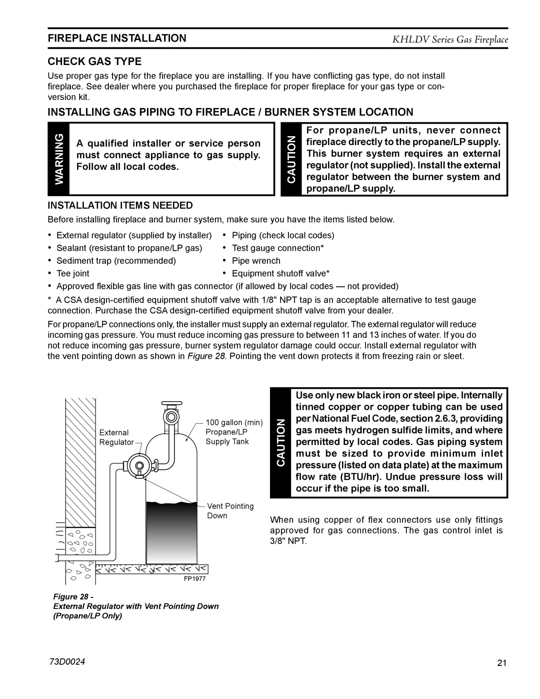 Monessen Hearth KHLDV400, KHLDV500 operating instructions Fireplace installation, Check gas type 