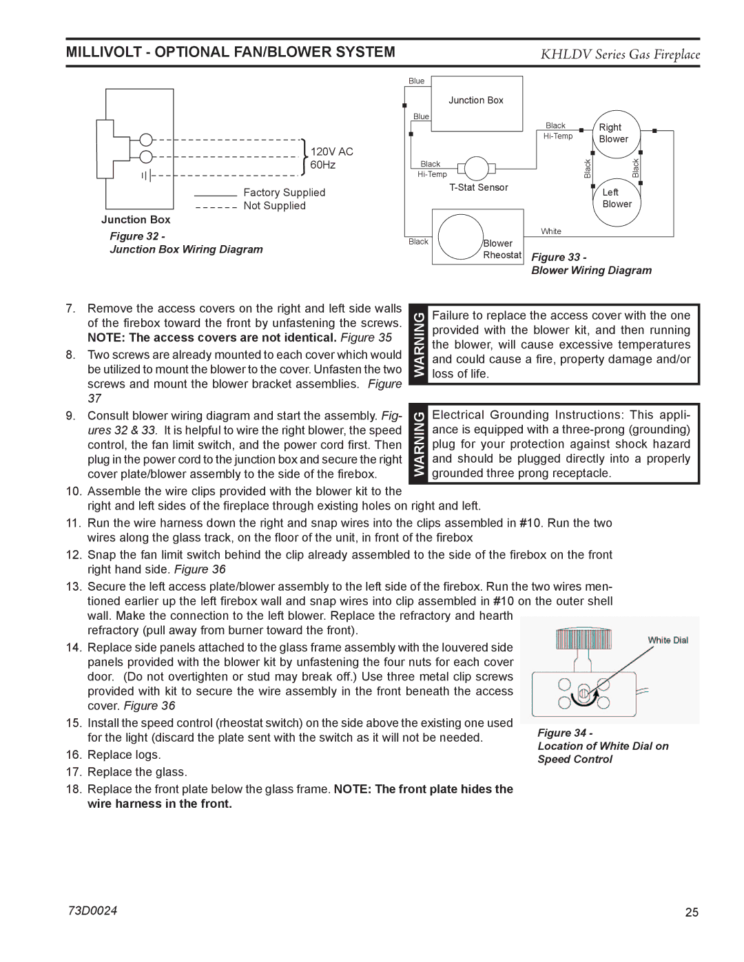 Monessen Hearth KHLDV400, KHLDV500 operating instructions Millivolt Optional FAN/BLOWER System, Wa Rni Gn 