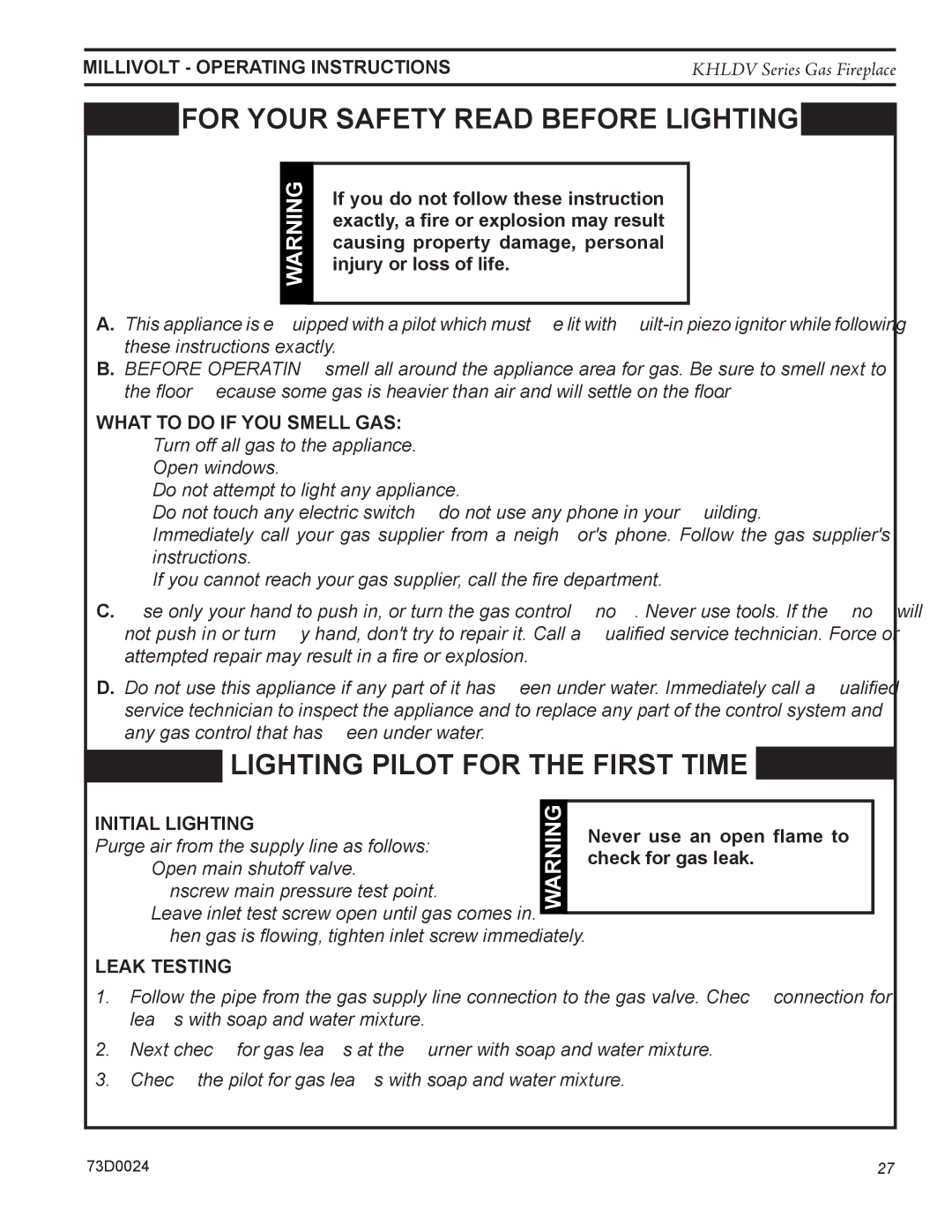 Monessen Hearth KHLDV400, KHLDV500 Millivolt Operating Instructions, What to do if YOU Smell GAS, Initial lighting 