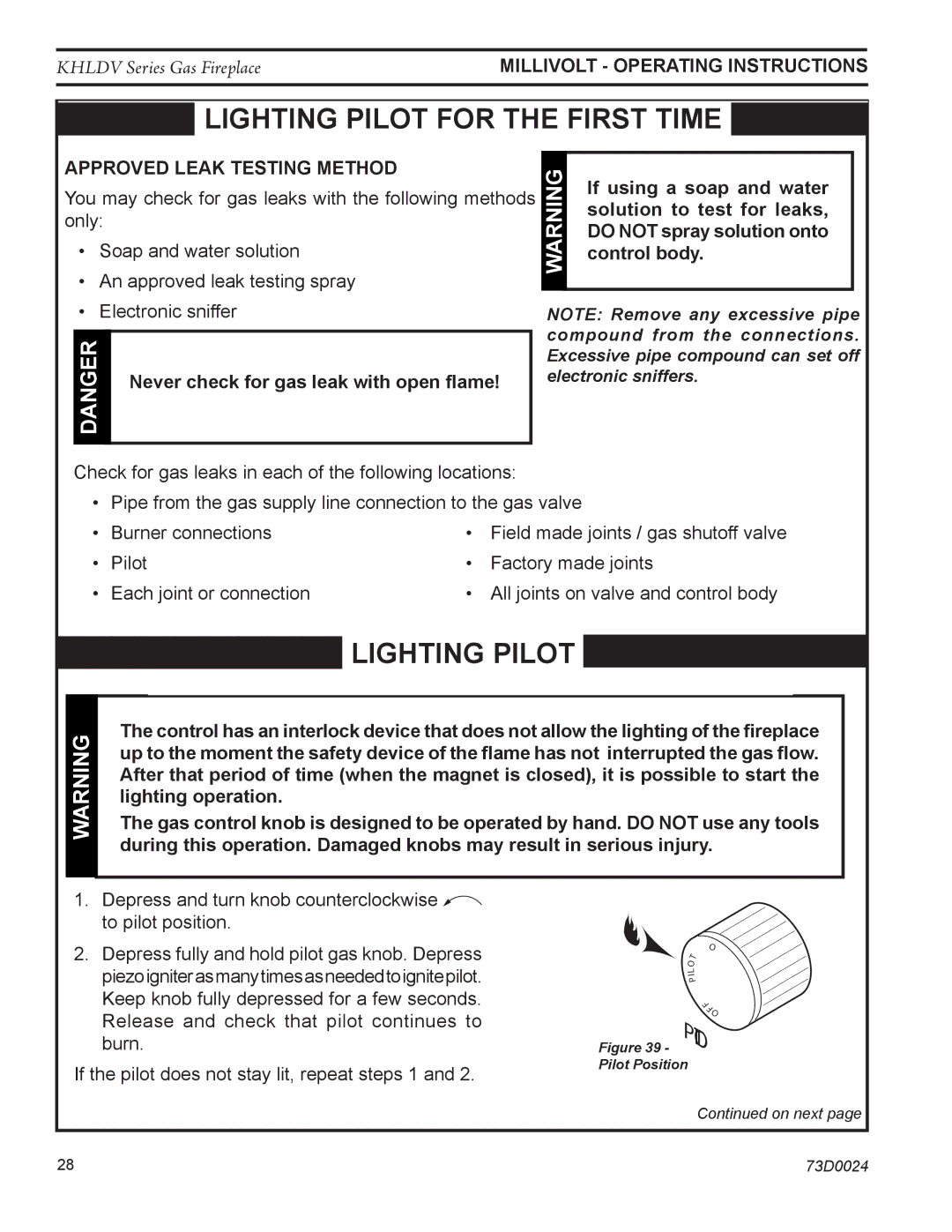 Monessen Hearth KHLDV500, KHLDV400 Approved leak testing method, Never check for gas leak with open flame 