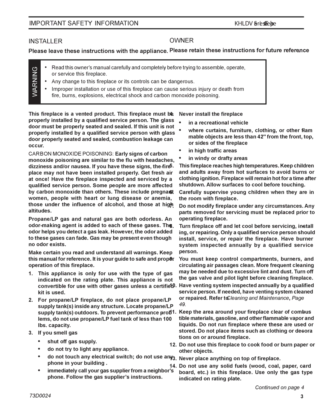 Monessen Hearth KHLDV400, KHLDV500 operating instructions Installer, Owner 