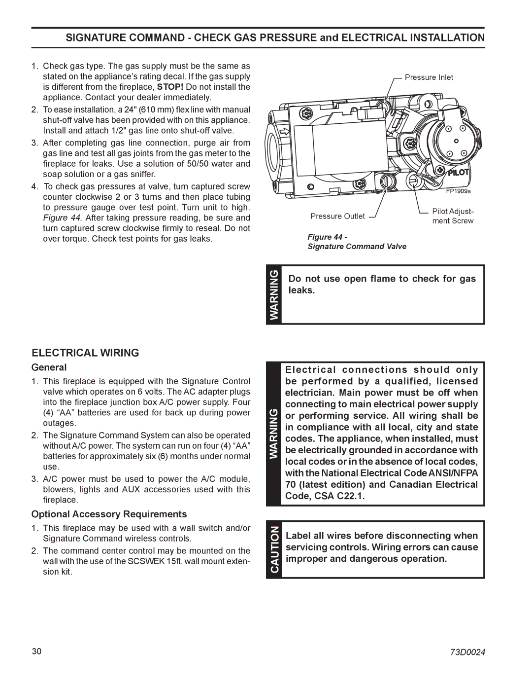 Monessen Hearth KHLDV500, KHLDV400 General, Optional Accessory Requirements, Do not use open flame to check for gas, Leaks 