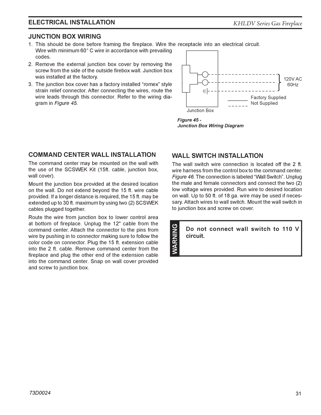 Monessen Hearth KHLDV400 Junction BOX Wiring, Command Center Wall Installation, Wall Switch Installation, Circuit 