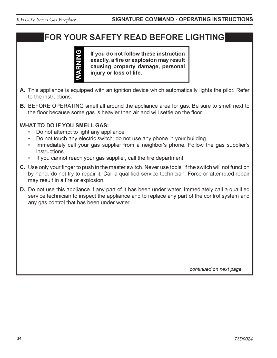 Monessen Hearth KHLDV500, KHLDV400 Signature command Operating Instructions, What to do if YOU Smell GAS 