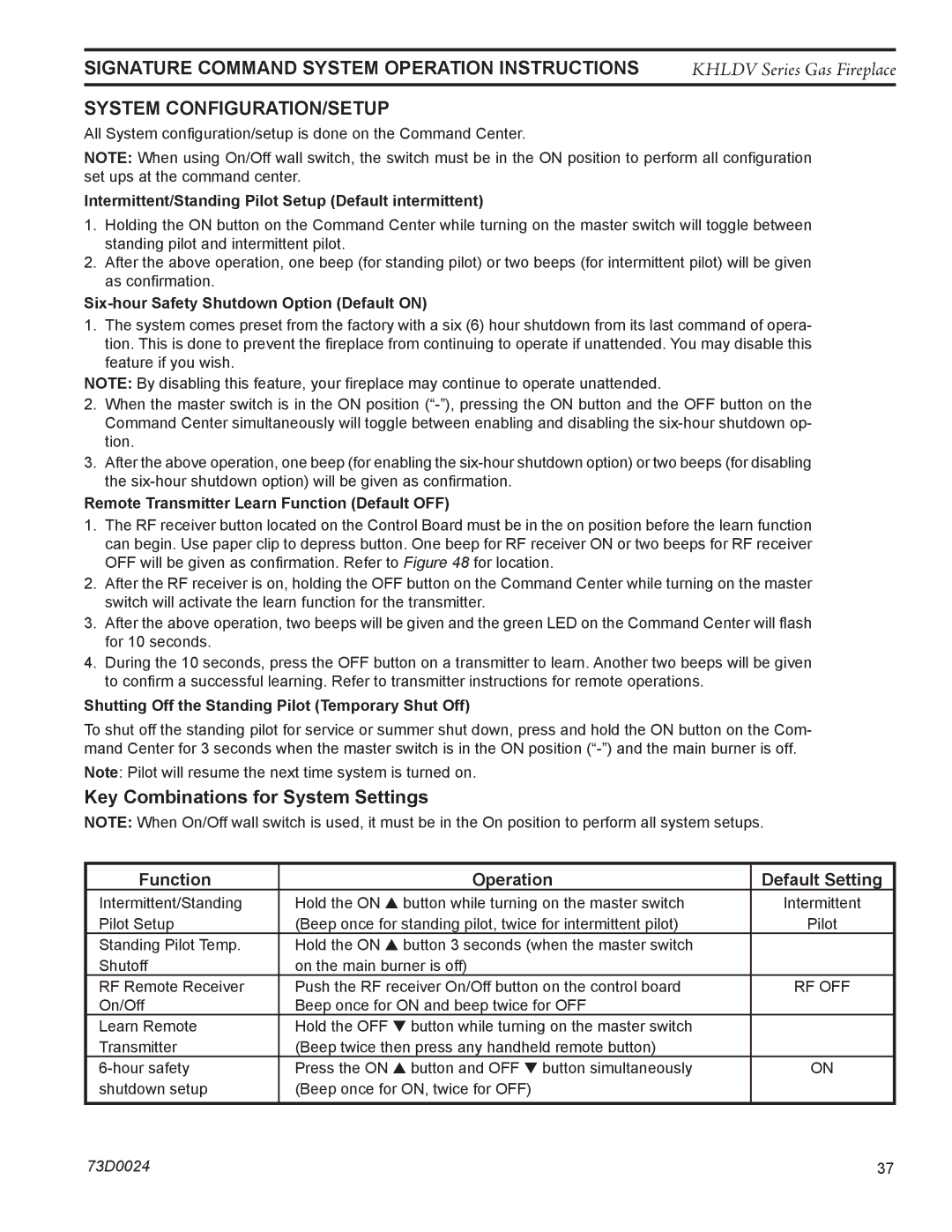 Monessen Hearth KHLDV400, KHLDV500 operating instructions System CONFIGURATION/SETUP, Key Combinations for System Settings 