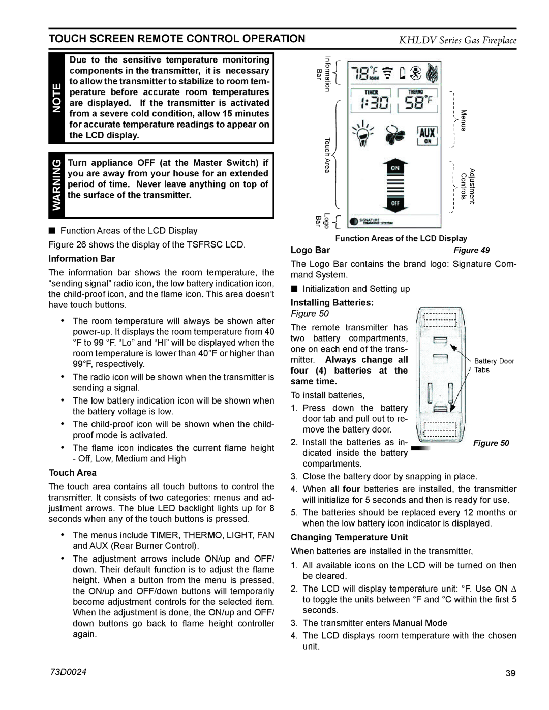 Monessen Hearth KHLDV400 Due to the sensitive temperature monitoring, Components in the transmitter, it is necessary 