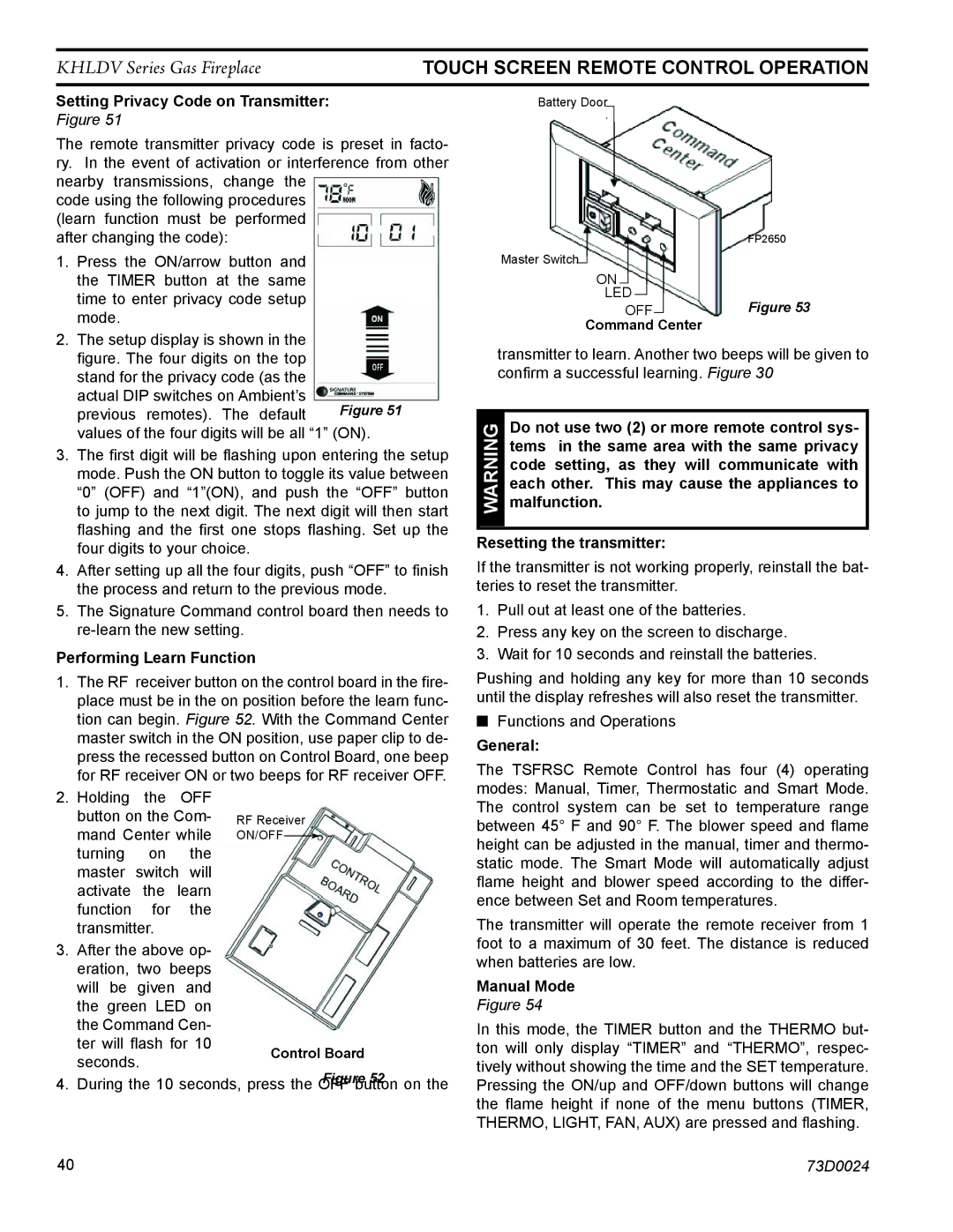 Monessen Hearth KHLDV500 Setting Privacy Code on Transmitter, Performing Learn Function, Malfunction, General, Manual Mode 