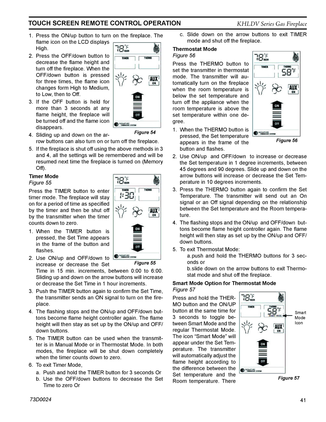 Monessen Hearth KHLDV400, KHLDV500 operating instructions Timer Mode, Smart Mode Option for Thermostat Mode Figure 