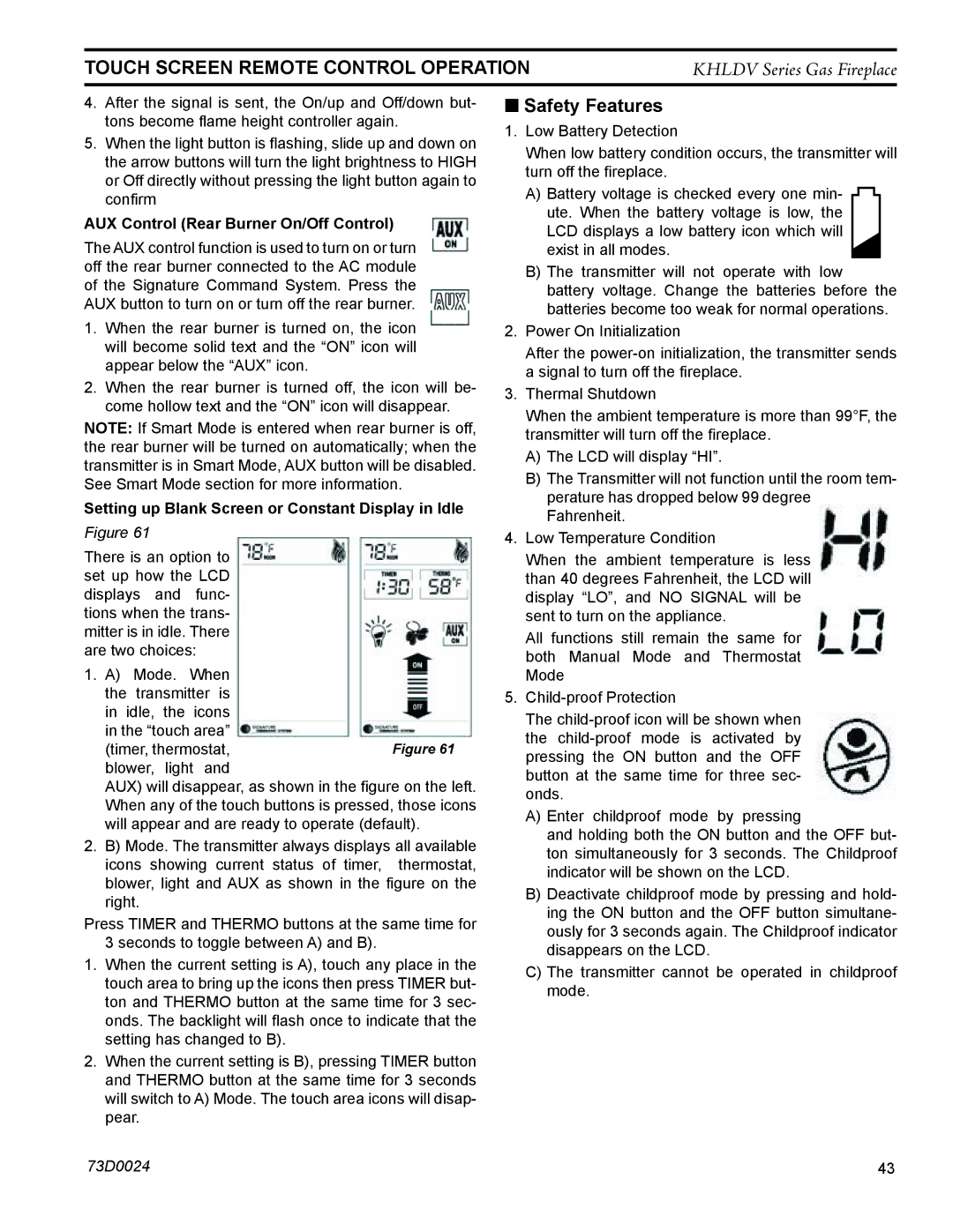 Monessen Hearth KHLDV400, KHLDV500 operating instructions Safety Features, AUX Control Rear Burner On/Off Control 