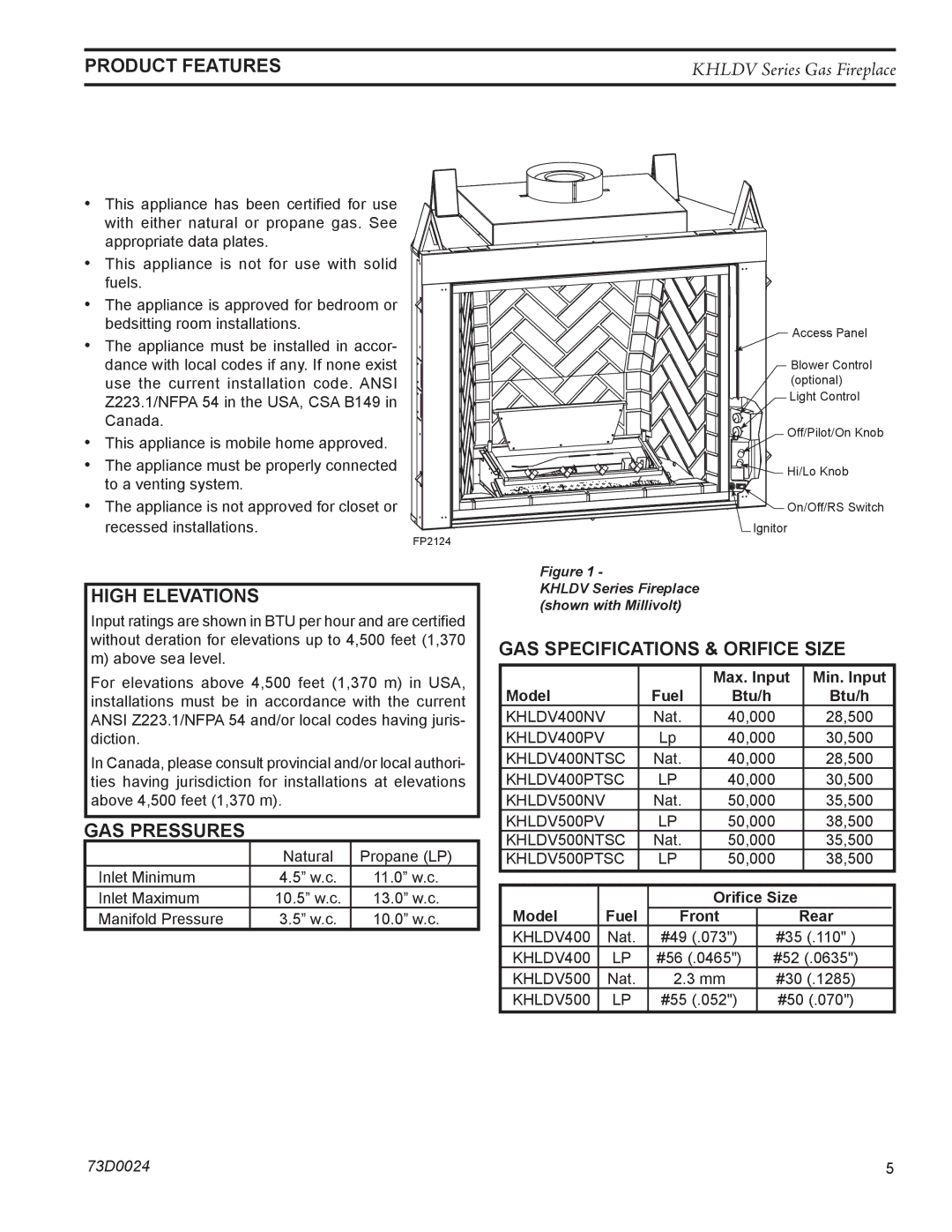 Monessen Hearth KHLDV400, KHLDV500 Product features, High Elevations, GAS pressures, Gas Specifications & Orifice Size 