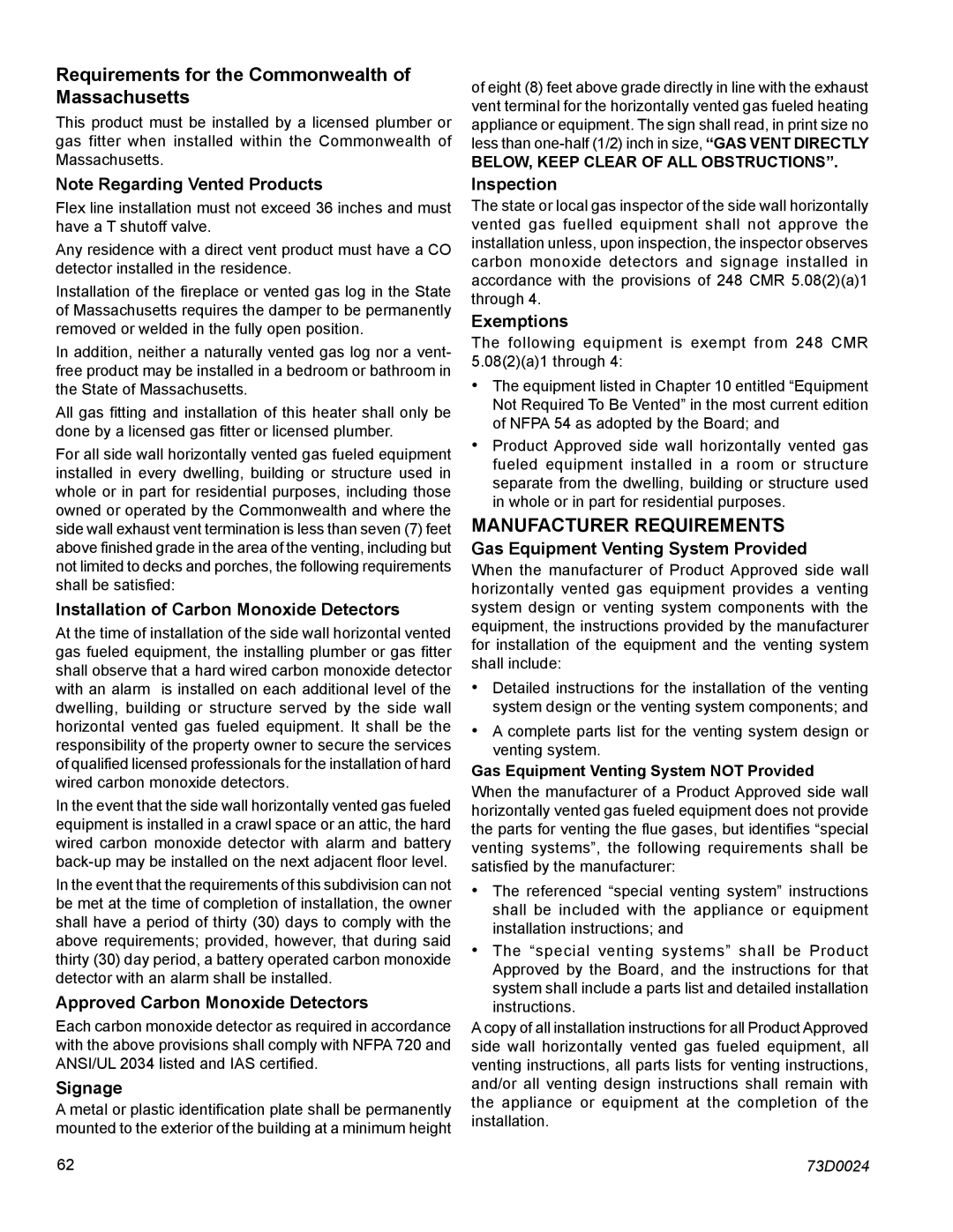 Monessen Hearth KHLDV500, KHLDV400 Requirements for the Commonwealth of Massachusetts, Manufacturer Requirements 