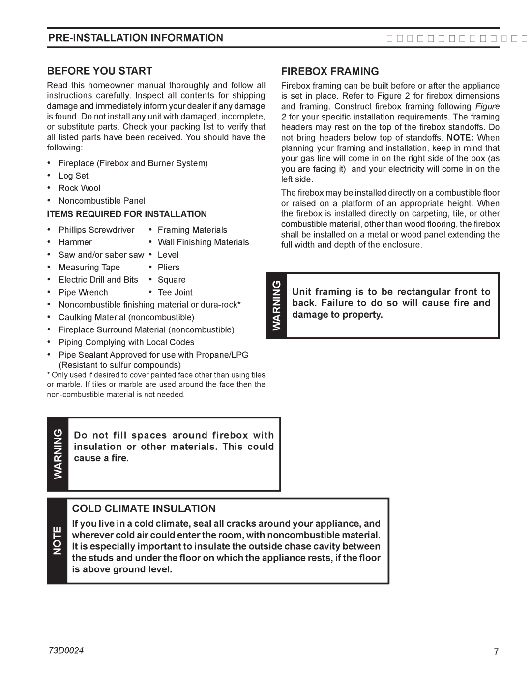 Monessen Hearth KHLDV400 PRE-INSTALLATION Information, Before You Start, Firebox framing, Cold Climate Insulation 