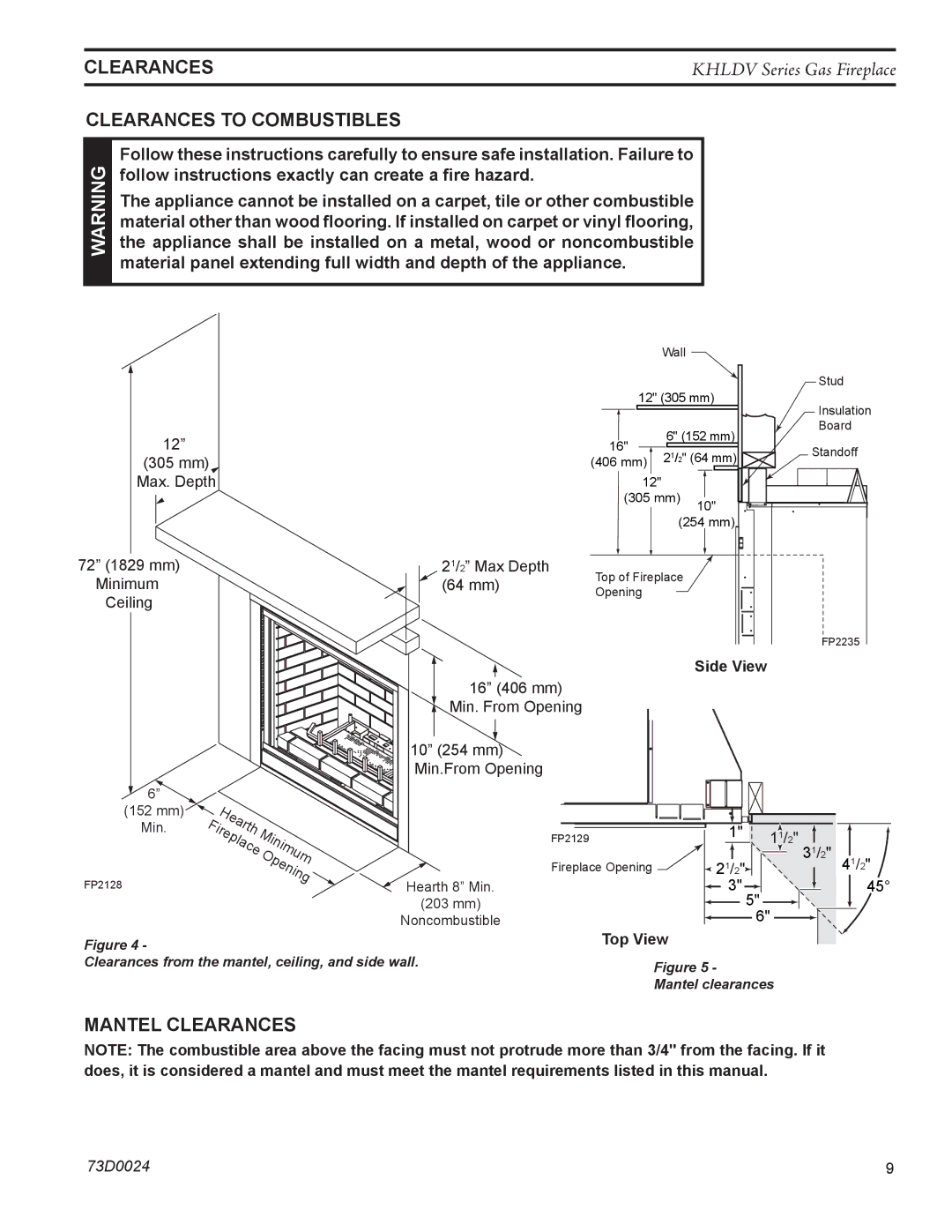 Monessen Hearth KHLDV400, KHLDV500 operating instructions Clearances to combustibles, Mantel clearances, Side View 