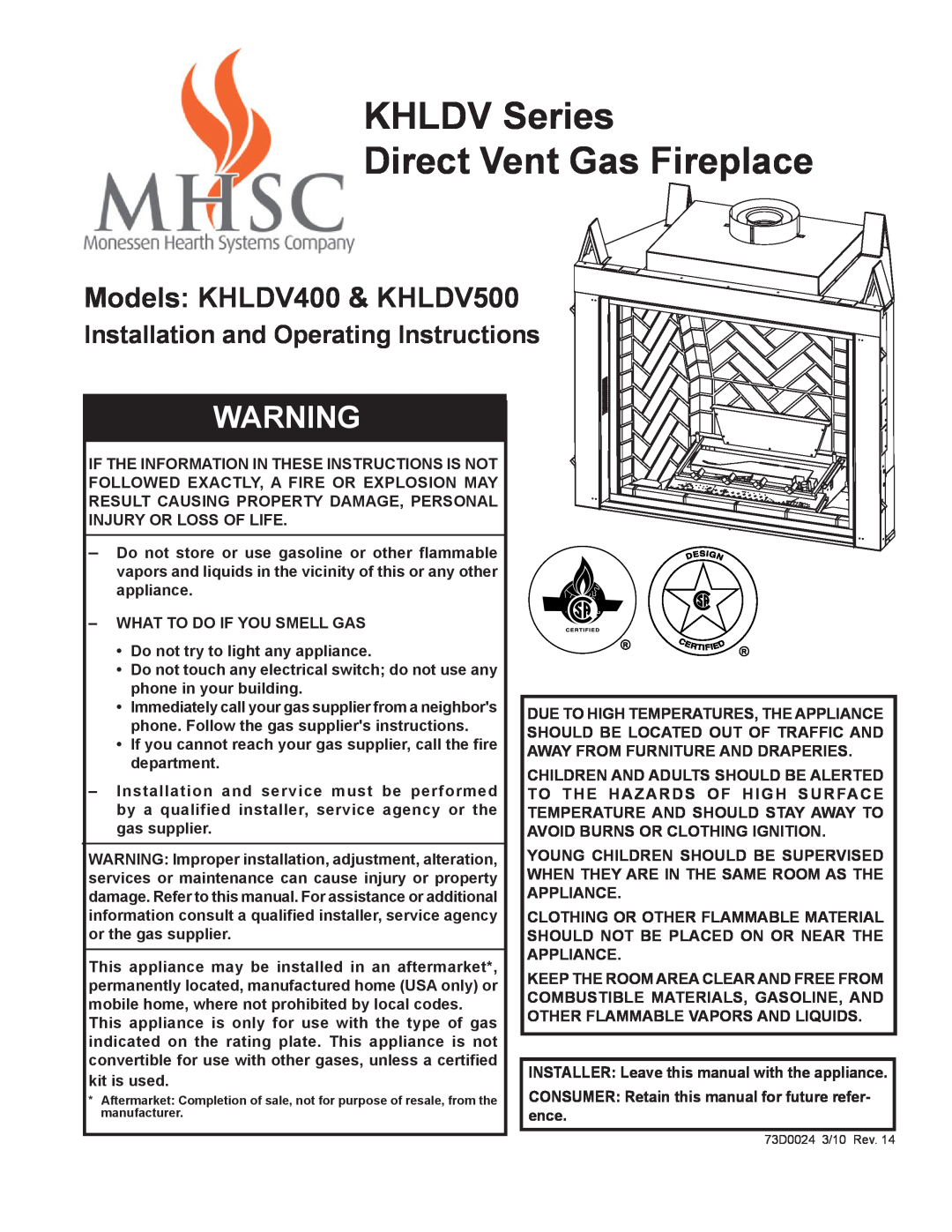 Monessen Hearth specifications KHLDV400 Covington Direct Vent, Product Specifications 