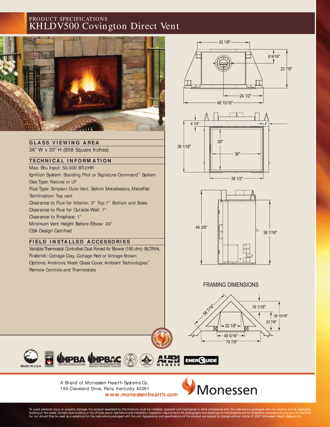 Monessen Hearth operating instructions Models: KHLDV400 & KHLDV500, KHLDV Series Direct Vent Gas Fireplace, kit is used 