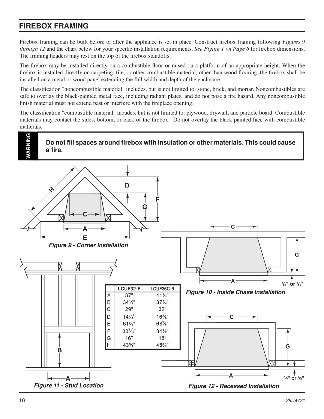 Monessen Hearth LCUF32-F dimensions Firebox Framing, Corner Installation 